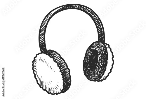 Hand-drawn sketch of cozy winter earmuffs in black and white - stock vector