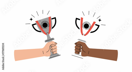 Vector illustration of diverse hands showing the contrast between winning a trophy and losing a competition.
