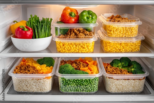 Organized fridge with colorful vegetables and prepared meals in containers