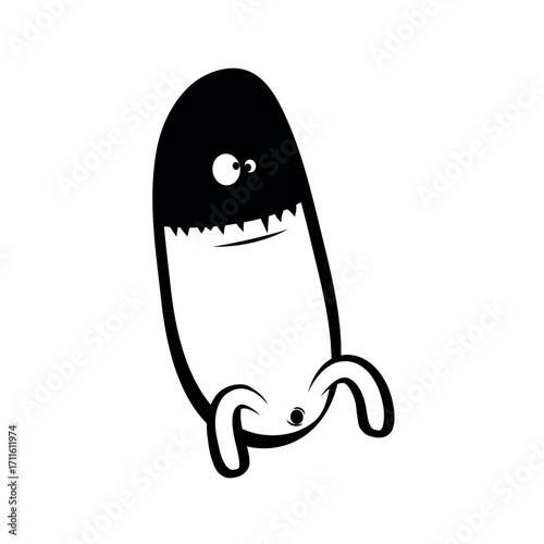 Cartoonish monster with a black head white body and two small arms in a simple black and white design