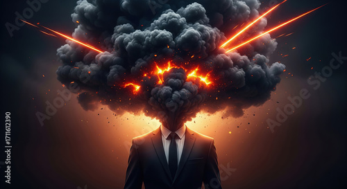 Man in a suit with his head as a massive explosion of smoke and fire. Concept of anger, failure, or a destructive idea.