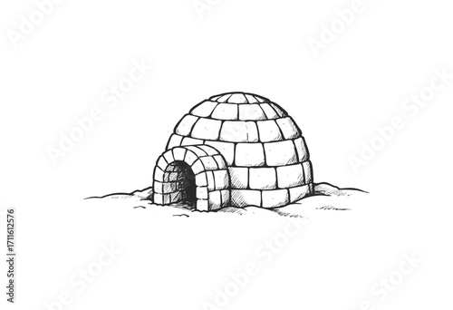 Hand-drawn igloo on snowy landscape with entrance - stock vector
