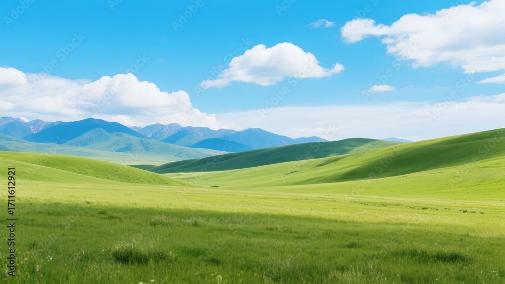 Obraz premium Vast green rolling hills under a clear blue sky with distant mountains