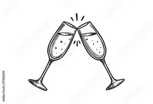 Hand-drawn champagne toast with clinking glasses and bubbles in sketch style - stock vector
