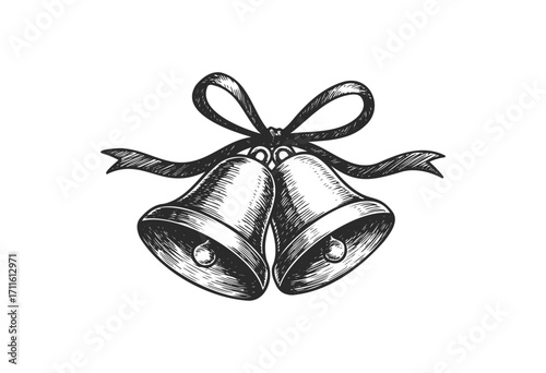 Vintage engraved bells with ribbon: classic holiday ornament design - stock vector