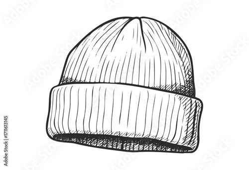Hand-drawn winter beanie with cuff in black and white sketch style - stock vector