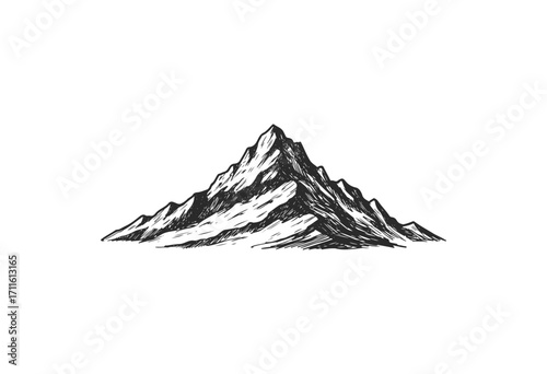Hand-drawn mountain peak illustration with snowy summit and rugged slopes - stock vector
