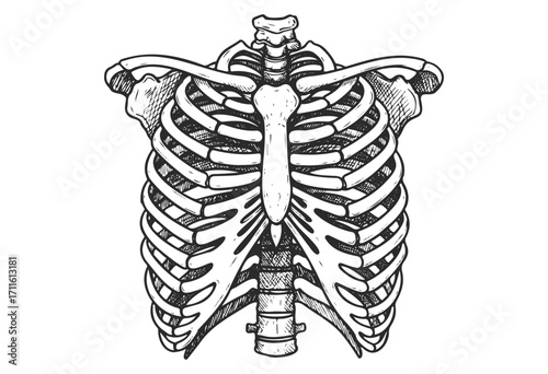 Detailed anatomical illustration of human rib cage with spine - stock vector