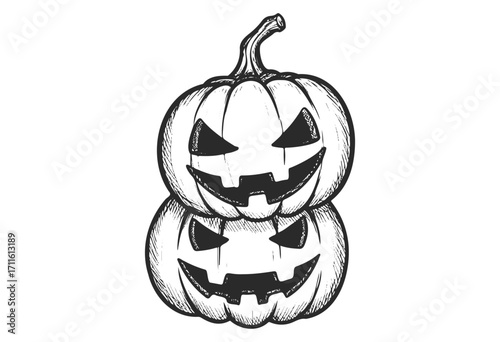 Stacked halloween jack-o'-lanterns sketch with carved faces and grinning expressions - stock vector