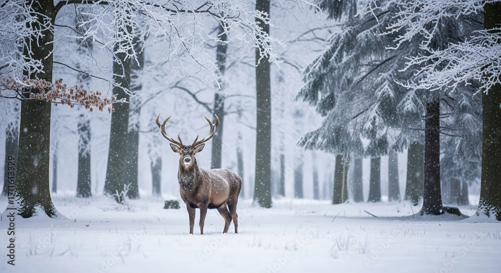 Fototapeta premium Majestic red deer stag in a snowy winter forest. Beautiful wildlife scene with falling snow.