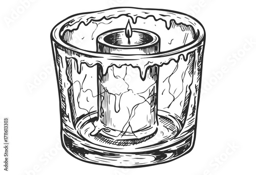 Hand-drawn candle in glass holder with dripping wax design - stock vector