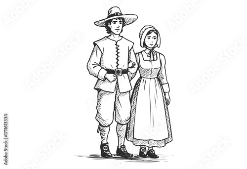 Colonial attire sketch of caucasian young adult male and female in historical clothing - stock vector