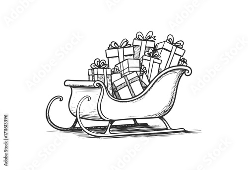 Black and white illustration of a sleigh filled with christmas gifts - stock vector