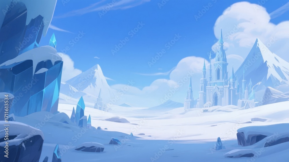 Obraz premium Frozen landscape with icy mountains and a distant ice castle under a clear blue sky