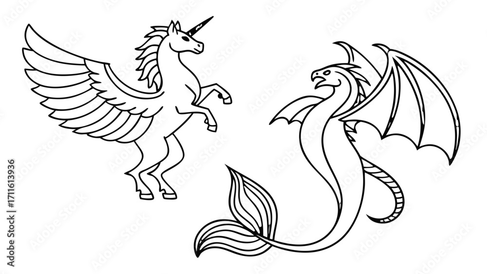 Obraz premium Minimal Line Art Mystical Creatures Icon Set – Dragon, Phoenix, Unicorn, Pegasus, Griffin, Fantasy Sticker Pack in Elegant One-Line Style for Luxury Branding and Tattoos