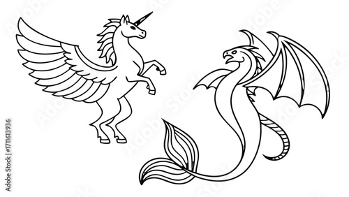 Minimal Line Art Mystical Creatures Icon Set – Dragon, Phoenix, Unicorn, Pegasus, Griffin, Fantasy Sticker Pack in Elegant One-Line Style for Luxury Branding and Tattoos