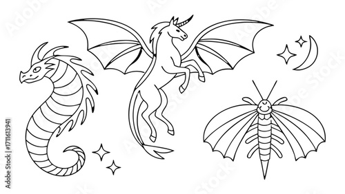 Minimal Line Art Mystical Creatures Icon Set – Dragon, Phoenix, Unicorn, Pegasus, Griffin, Fantasy Sticker Pack in Elegant One-Line Style for Luxury Branding and Tattoos