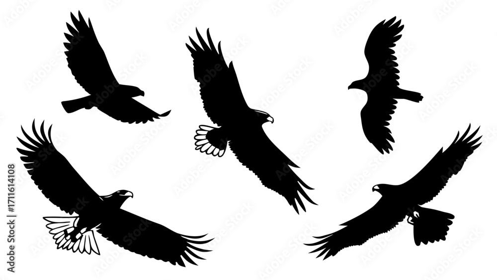 Fototapeta premium American Wilderness Animal Silhouette Set – Bison, Eagle, Bear, Wolf, and Mountain Goat Black Vector Icons for Outdoor Adventure, Logos, Stickers, and T-Shirt Designs