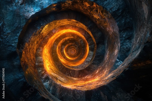 Plunge into a mesmerizing fiery vortex spiral staircase plunging into infinite depths, a captivating journey into the unknown.