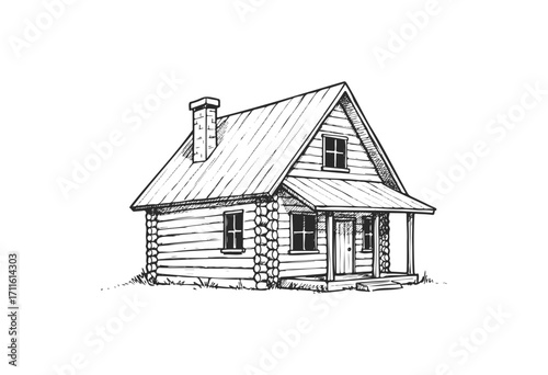 Rustic wooden cabin with porch and chimney in black and white sketch - stock vector