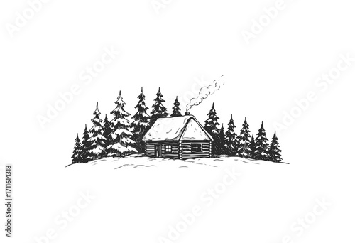 Rustic cabin in snowy forest with pine trees and smoke from chimney - stock vector