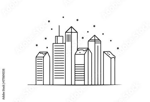 Minimalist black and white skyline sketch with high-rise buildings and stars - stock vector