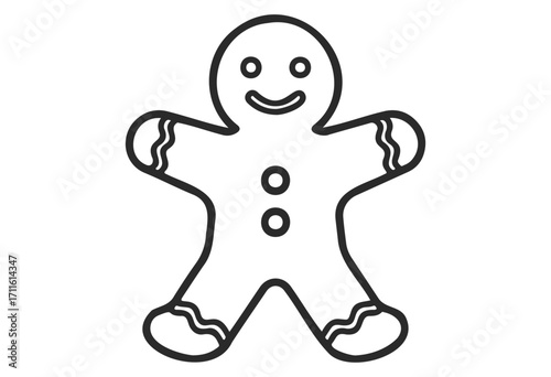 Black and white gingerbread man cookie outline drawing with smiling face - stock vector