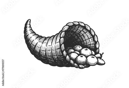 Cornucopia sketch with fruits: traditional horn of plenty illustration - stock vector