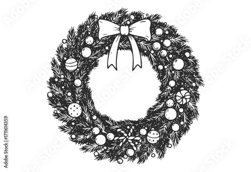 Festive christmas wreath with bow and ornaments in black and white illustration - stock vector