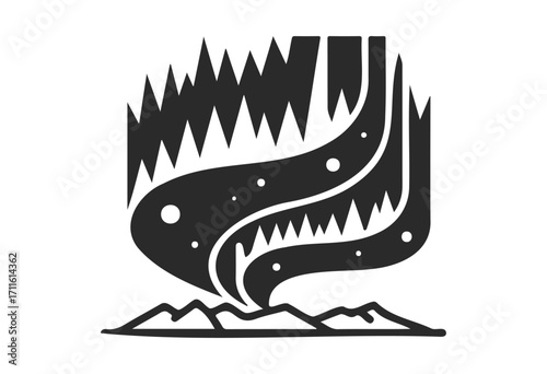 Abstract black and white northern lights over mountain peaks illustration - stock vector
