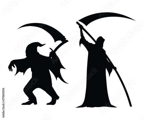 Silhouetted Figures of Grim Reapers Wielding Scythes for Halloween Themed Designs in Black and White Spooky and Eerie Images