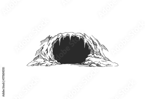 Monochrome illustration of rocky cave with jagged entrance - stock vector