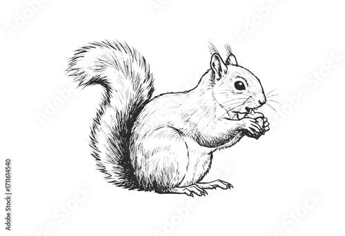 Detailed black and white squirrel eating nut illustration in side profile view - stock vector