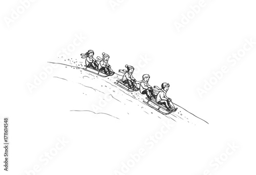 Children sledding downhill in winter fun black and white drawing - stock vector