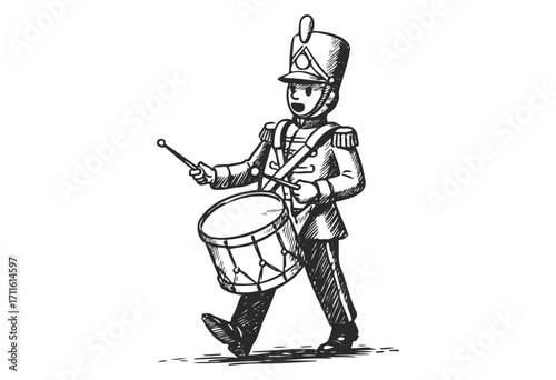 Marching band drummer illustration in uniform with hat and drumsticks - stock vector