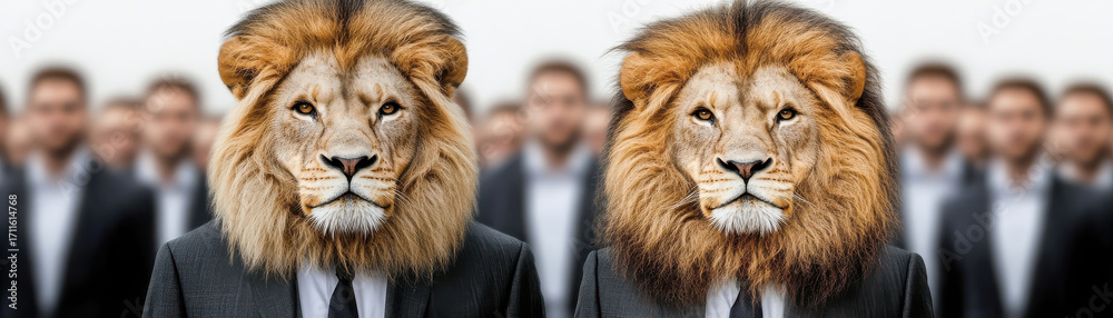 Obraz premium Two lions with majestic manes wearing business suits stand confidently among blurred men in formal attire, symbolizing leadership and power