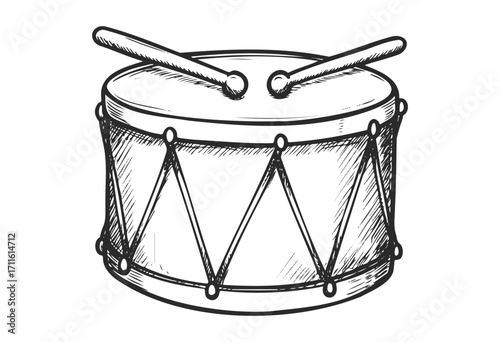 Hand-drawn snare drum with drumsticks sketch illustration - stock vector