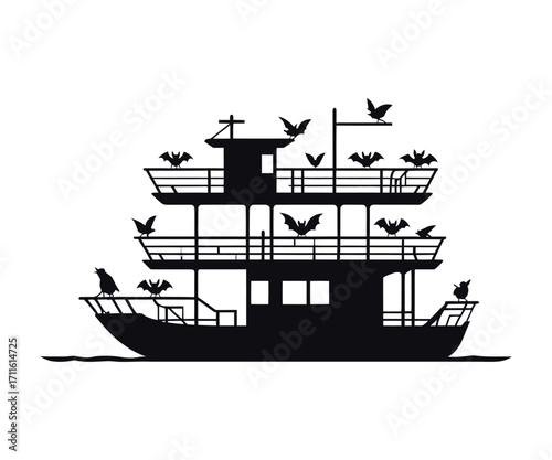 Silhouette of a Spooky Three Tiered Boat Festooned with Bats and Birds Creating a Whimsical Halloween Scene