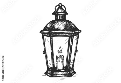 Vintage lantern with candle drawing: retro design with classic charm - stock vector