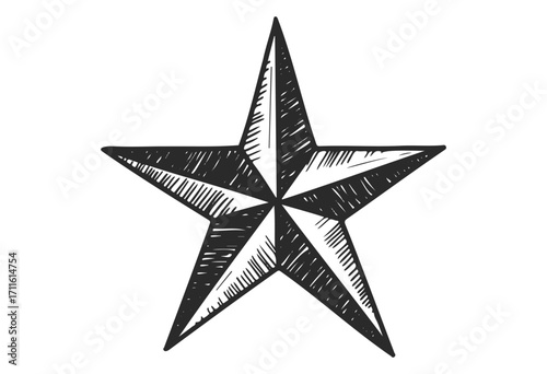 Hand-drawn black and white five-pointed star sketch with shaded details - stock vector