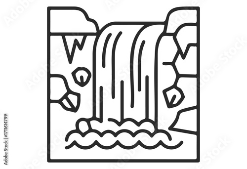 Simple black and white waterfall icon illustration with rocks and cascading water - stock vector