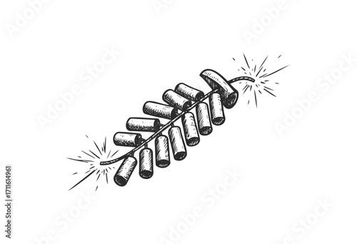Vintage hand-drawn firecracker garland with spark effect - stock vector