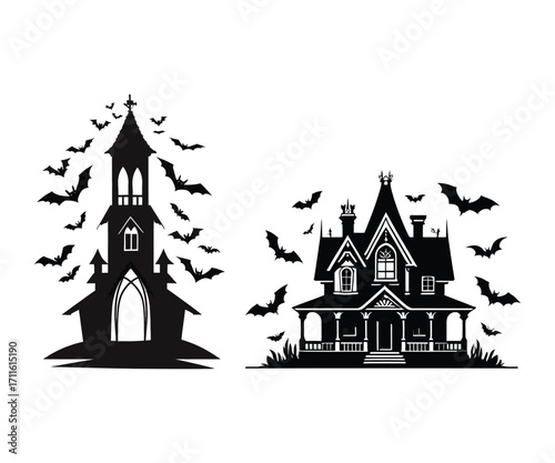Spooky Halloween Silhouettes Two Haunted Buildings Bat Swarms Eerie Aesthetic Gothic Architecture and Festive Holiday Decorations Perfect for Scary Season