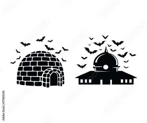 Igloo and Haunted House Silhouette with Bats Flying Around Evoking a Spooky Halloween Night Feeling
