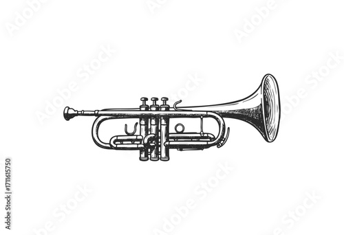 Detailed illustration of a classic trumpet in black and white - stock vector
