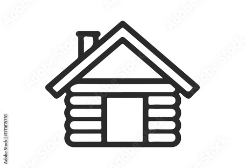 Simple outline of log cabin with chimney and gabled roof - stock vector