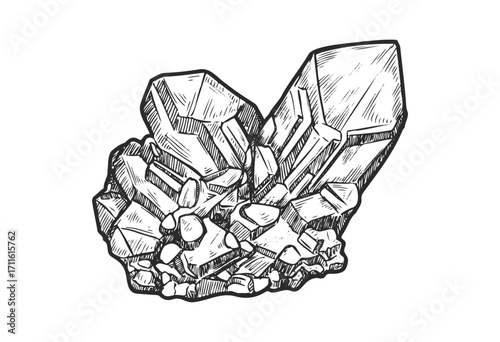 Black and white sketch of quartz crystal cluster - stock vector