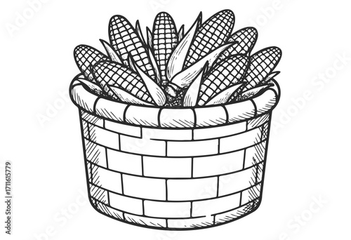 Basket of corn cobs sketch in black and white with detailed brick pattern - stock vector