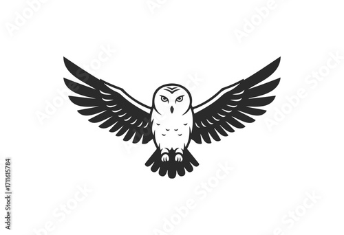 Black and white owl illustration with outstretched wings - stock vector