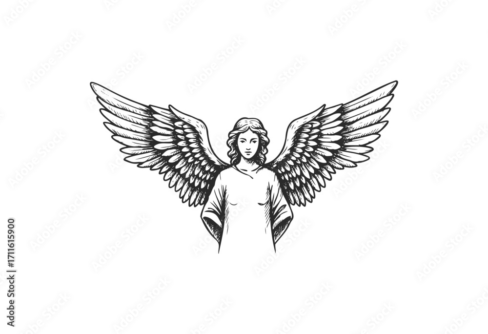 Obraz premium Black and white angel sketch with outstretched wings - stock vector